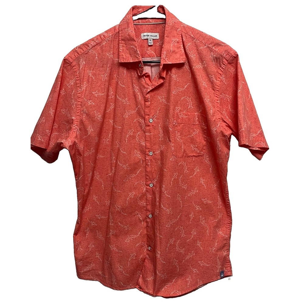 Peter‎ Millar Men Button-Up Short Sleeve Shark Fishing Shirt Coral Color Sz. M